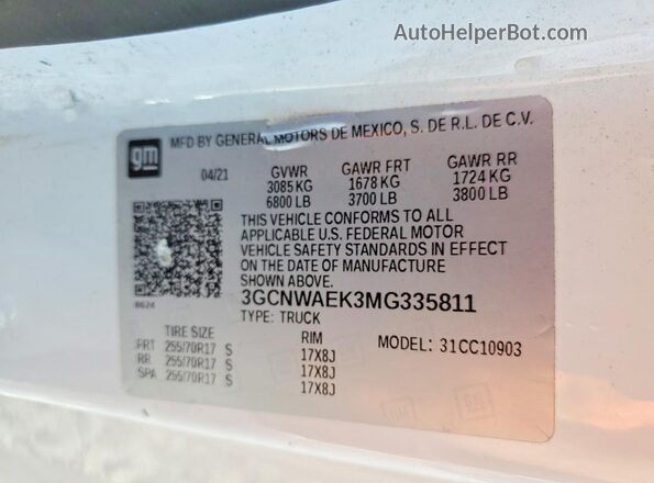 3GCNWAEK3MG335811 2021 CHEVROLET ALL MODELS White Вид наклейки з VIN-кодом