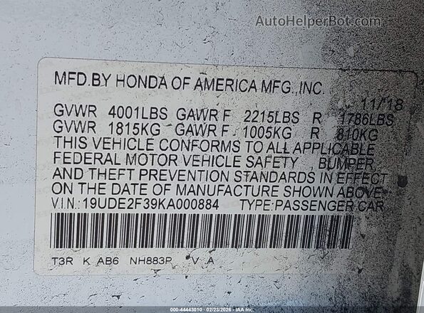19UDE2F39KA000884 2019 ACURA ILX White 