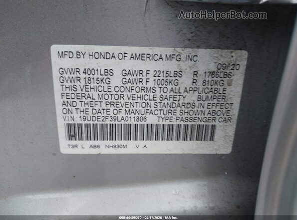 19UDE2F39LA011806 2020 ACURA ILX Серебряный Вид подкапотного пространства