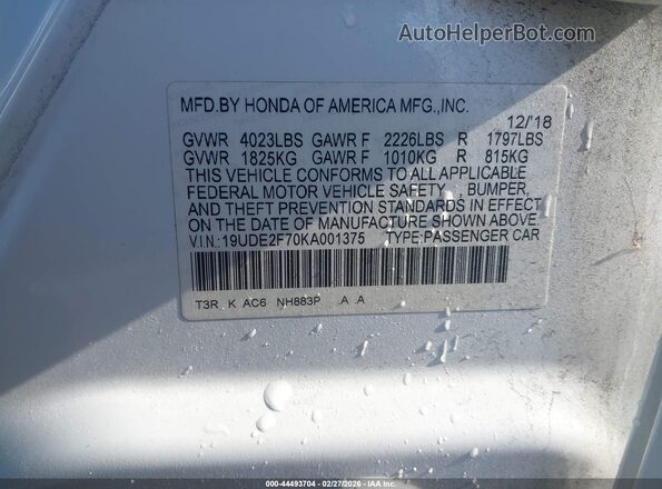 19UDE2F70KA001375 2019 ACURA ILX White Вид підкапотного простору