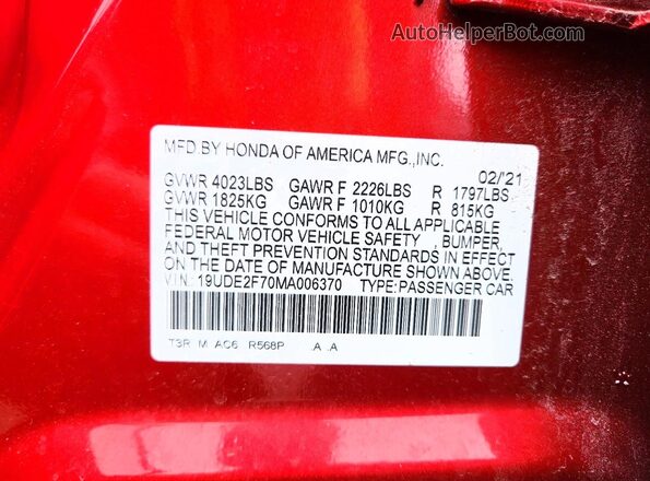 19UDE2F70MA006370 2021 ACURA ILX Red Вид підкапотного простору