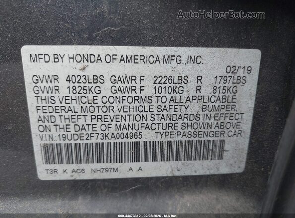 19UDE2F73KA004965 2019 ACURA ILX Gray Շարժիչի բաժամունքի տեսք
