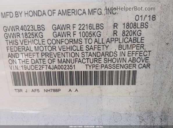 19UDE2F74JA002351 2018 ACURA ILX Белый 