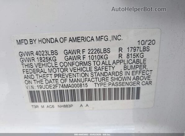 19UDE2F74MA000815 2021 ACURA ILX White 