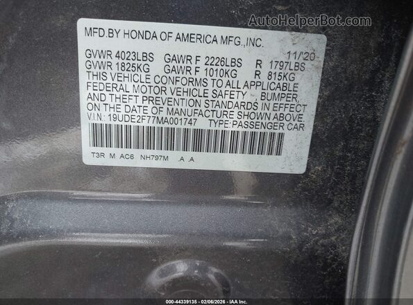 19UDE2F77MA001747 2021 ACURA ILX Gray Вид підкапотного простору