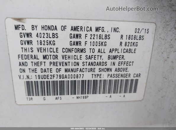 19UDE2F79GA000877 2016 ACURA ILX White Вид підкапотного простору