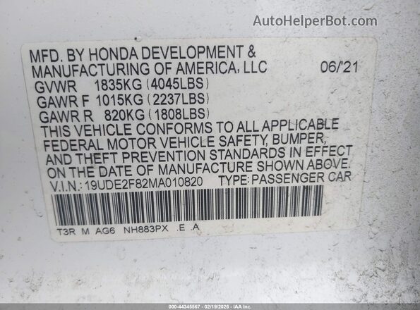 19UDE2F82MA010820 2021 ACURA ILX White Engine compartment view
