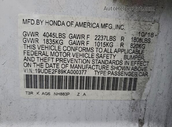 19UDE2F89KA000377 2019 ACURA ILX White 