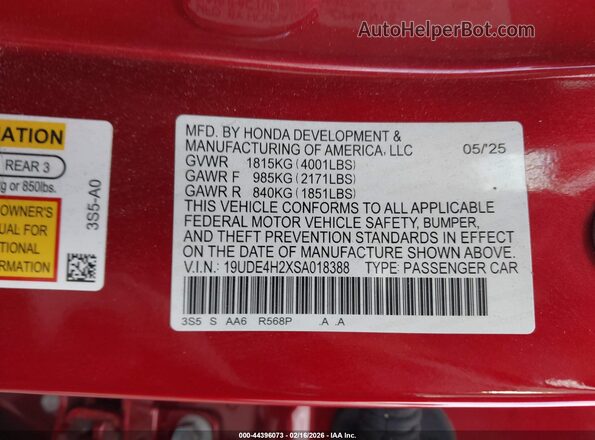 19UDE4H2XSA018388 2025 ACURA INTEGRA Red 