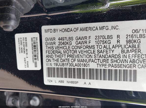 19UUB1F30LA001801 2020 ACURA TLX Black Vista de la etiqueta del VIN