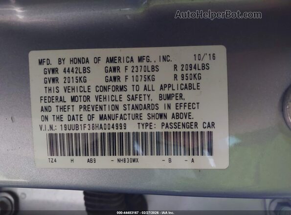 19UUB1F38HA004999 2017 ACURA TLX Silver Вид підкапотного простору