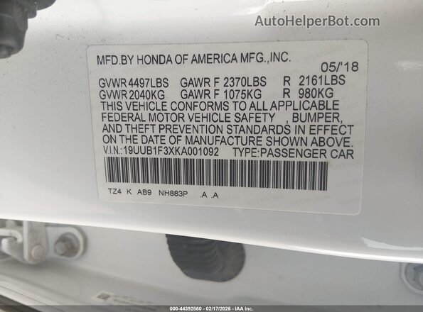 19UUB1F3XKA001092 2019 ACURA TLX Белый Вид подкапотного пространства