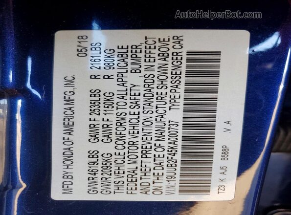 19UUB2F45KA000737 2019 ACURA TLX Синий 