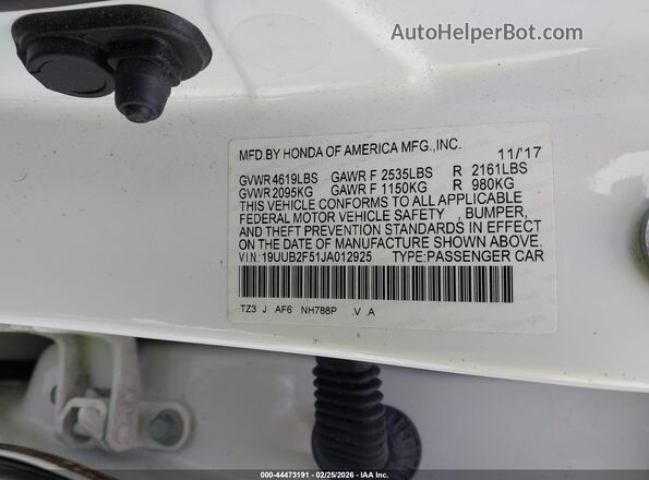 19UUB2F51JA012925 2018 ACURA TLX White Widok komory silnika