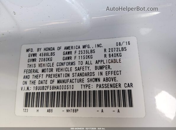 19UUB2F58HA000510 2017 ACURA TLX White Widok komory silnika