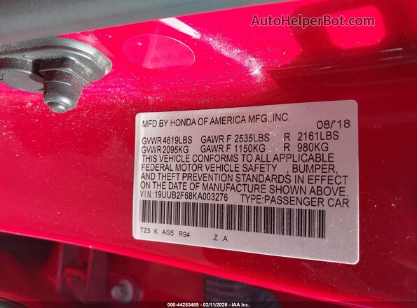 19UUB2F68KA003276 2019 ACURA TLX Red Vista del compartimento del motor