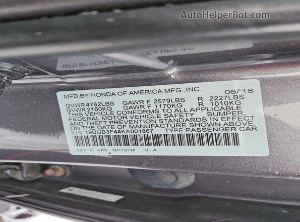 19UUB3F44KA001867 2019 ACURA TLX Gray 
