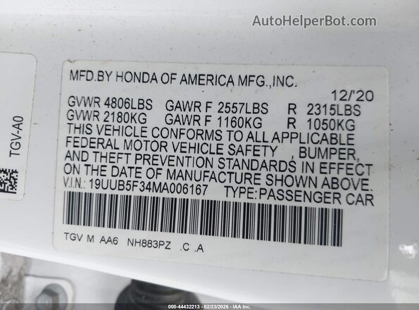 19UUB5F34MA006167 2021 ACURA TLX White 