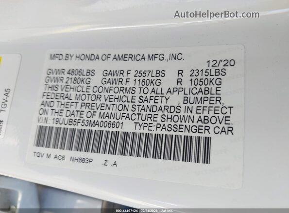 19UUB5F53MA006601 2021 ACURA TLX White Vista del compartimento del motor