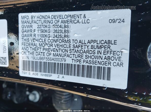 19UUB6F55SA000379 2025 ACURA TLX Black Widok komory silnika