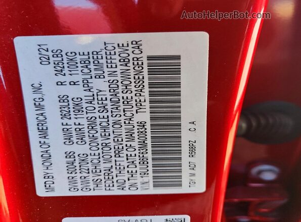 19UUB6F63MA008346 2021 ACURA TLX Red 