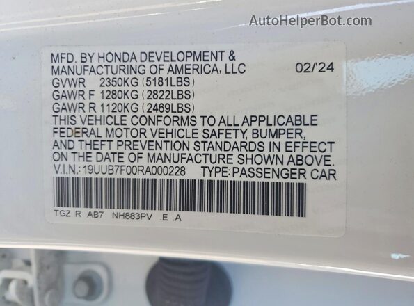 19UUB7F00RA000228 2024 ACURA TLX White ძრავის განყოფილების ხედი
