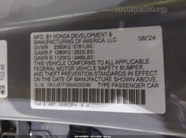 19UUB7F08SA000046 2025 ACURA TLX Gray Widok komory silnika