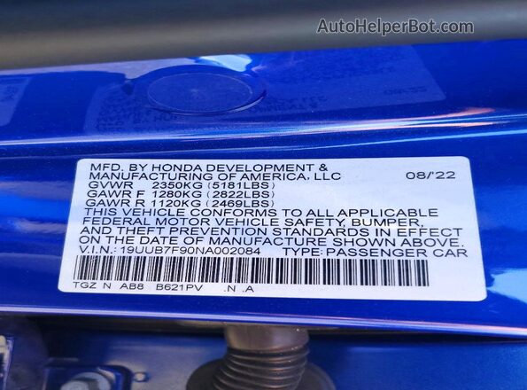 19UUB7F90NA002084 2022 ACURA TLX Blue Vista del compartimento del motor