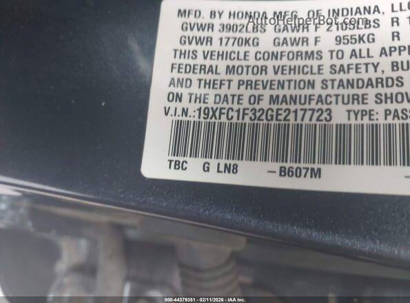 19XFC1F32GE217723 2016 HONDA CIVIC Blue Vista del compartimento del motor