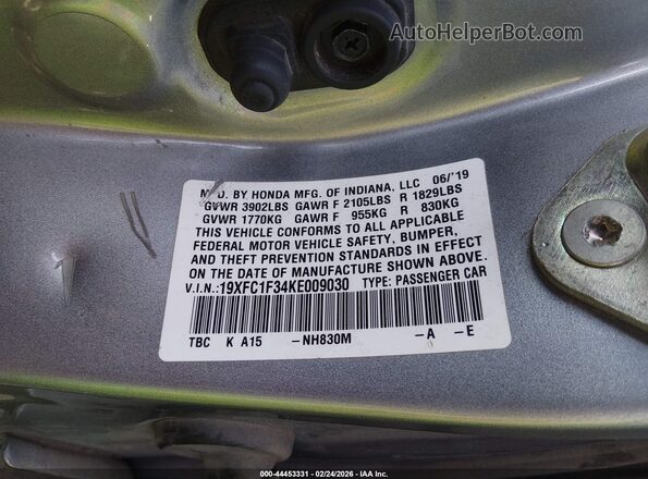 19XFC1F34KE009030 2019 HONDA CIVIC Серебряный Вид подкапотного пространства