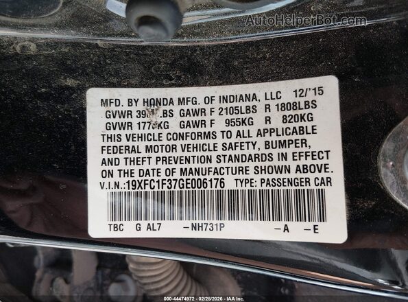 19XFC1F37GE006176 2016 HONDA CIVIC Black 