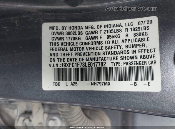 19XFC1F78LE017782 2020 HONDA CIVIC Gray Շարժիչի բաժամունքի տեսք