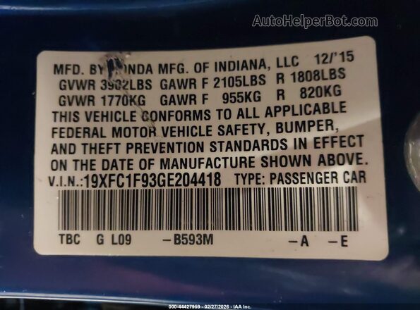 19XFC1F93GE204418 2016 HONDA CIVIC Blue Engine compartment view
