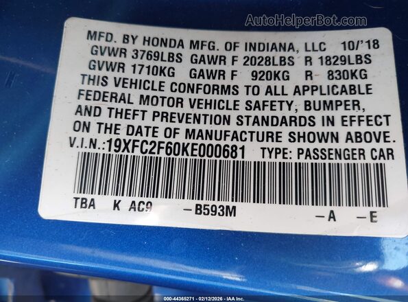 19XFC2F60KE000681 2019 HONDA CIVIC Blue Engine compartment view