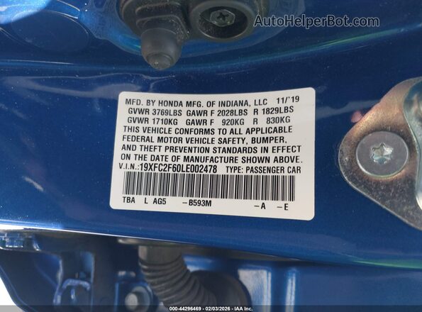 19XFC2F60LE002478 2020 HONDA CIVIC Blue 