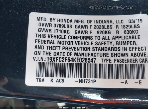 19XFC2F64KE028547 2019 HONDA CIVIC Black 