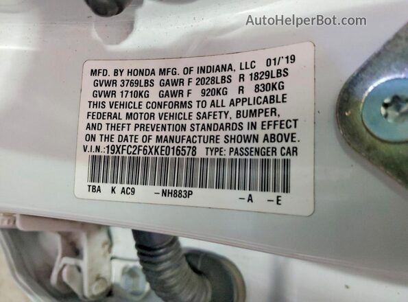 19XFC2F6XKE016578 2019 HONDA CIVIC White 