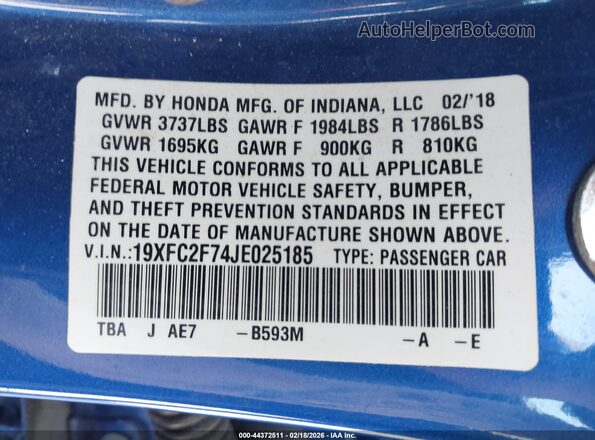 19XFC2F74JE025185 2018 HONDA CIVIC Blue Engine compartment view