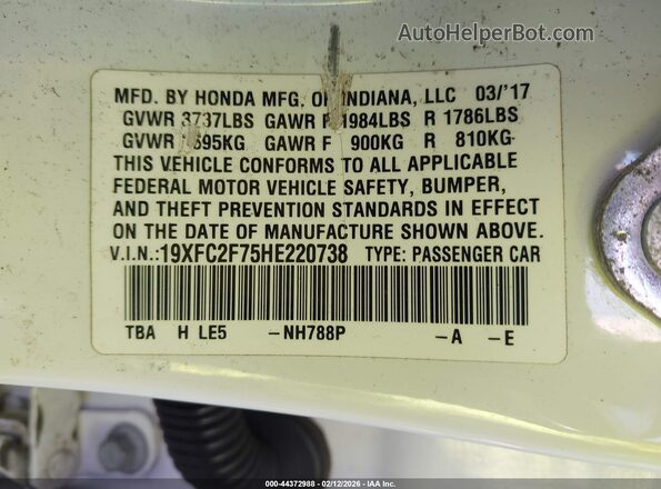 19XFC2F75HE220738 2017 HONDA CIVIC White Widok komory silnika