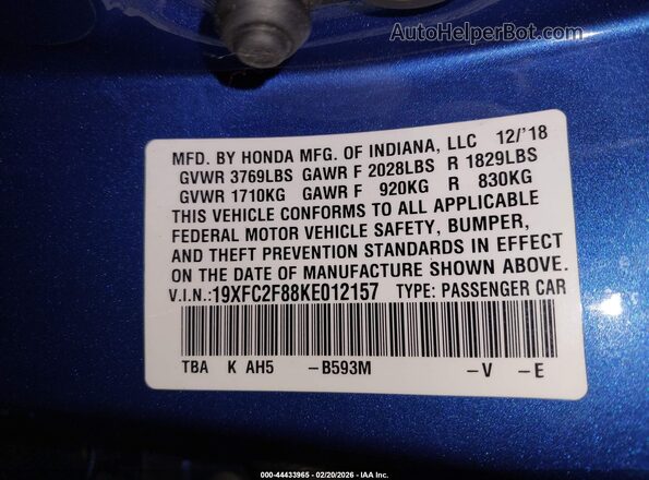 19XFC2F88KE012157 2019 HONDA CIVIC Blue Вид підкапотного простору