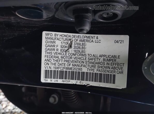 19XFC2F88ME202365 2021 HONDA CIVIC Черный Вид подкапотного пространства