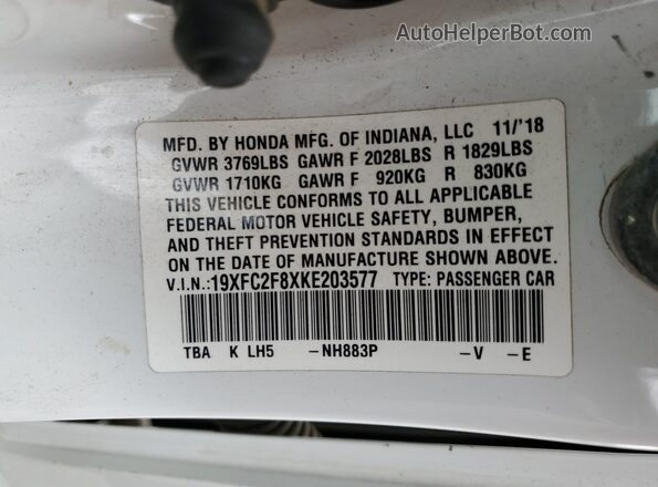 19XFC2F8XKE203577 2019 HONDA CIVIC White 