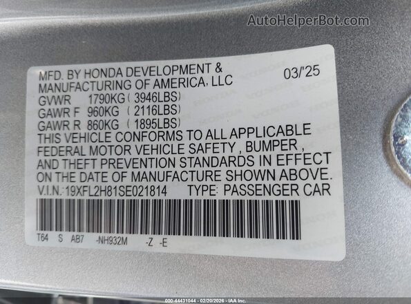 19XFL2H81SE021814 2025 HONDA CIVIC SEDAN Silver Engine compartment view