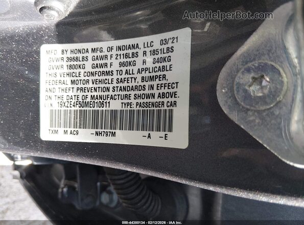 19XZE4F50ME010611 2021 HONDA INSIGHT Gray 