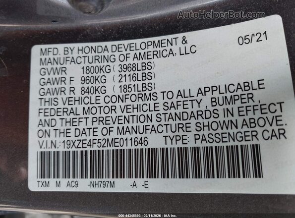 19XZE4F52ME011646 2021 HONDA INSIGHT Черный Вид подкапотного пространства