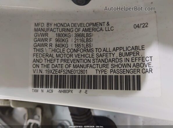 19XZE4F52NE012801 2022 HONDA INSIGHT Белый Вид подкапотного пространства