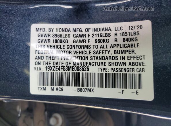 19XZE4F53ME008626 2021 HONDA INSIGHT Синий 