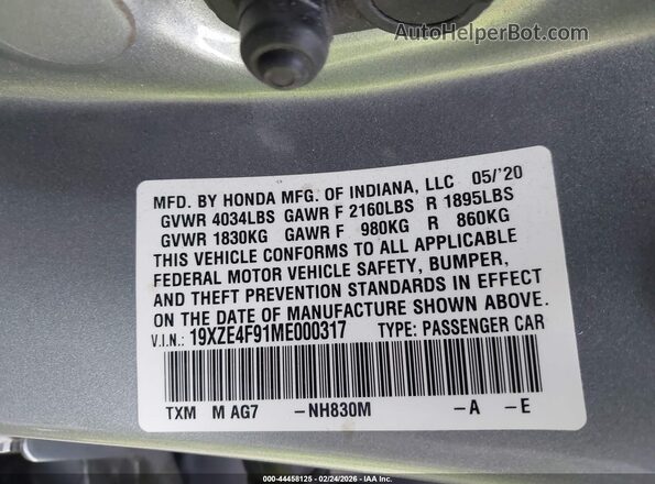 19XZE4F91ME000317 2021 HONDA INSIGHT Серебряный Вид подкапотного пространства