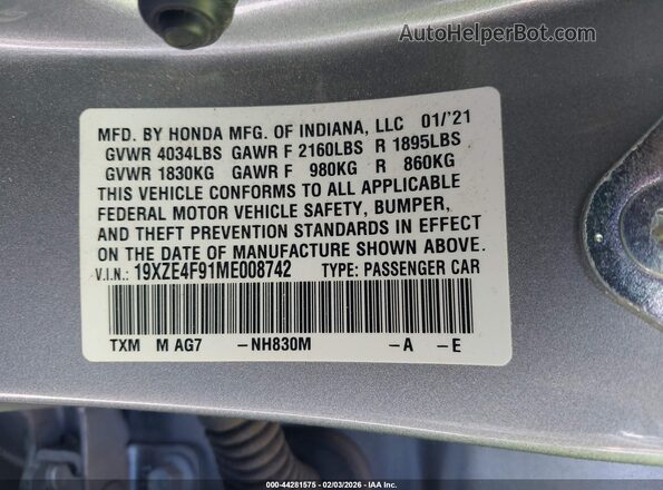 19XZE4F91ME008742 2021 HONDA INSIGHT Серебряный 