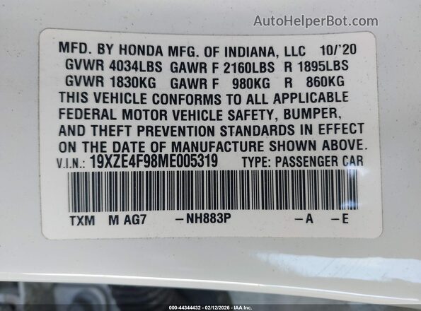 19XZE4F98ME005319 2021 HONDA INSIGHT White Widok komory silnika